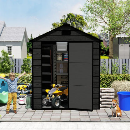 Campcraft 6*6ft resin storage shed, high quality pp material, strong structure, waterproof, rust and UV proof, large storage space, 12mm thick pp board, HD window lighting Black wood grain color-海智集-Default-