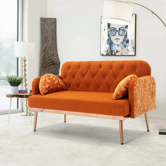 COOLMORE Modern Velvet Loveseat Sofa , Comfy Upholstered 2-Seater Sofa with Gold Metal Legs, Small Loveseat Accent Couch for Living Bedroom Leisure Areas (Orange Velvet)-海智集-Default-