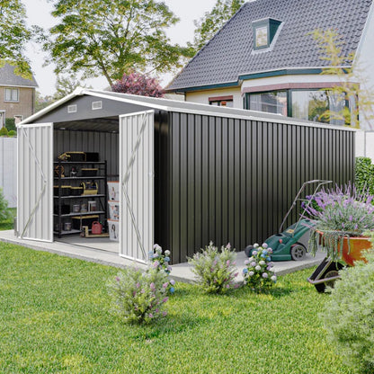 Campcraft Outdoor Storage Shed 10×14 FT with 3 Lockable Doors,Utility Tool Shed Metal Storage Garden Sheds Frame and 4 Vents,for Backyard,Patio,Lawn,dark Grey-海智集-Default-
