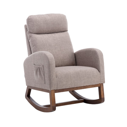 Rocking Chair, Modern Glider Chair, Recliner Armchair with Wood Legs and Side Pocket, Nursery Rocking Accent Chair with High Back for Living Room Bedroom (Grey linen)-海智集-Default-