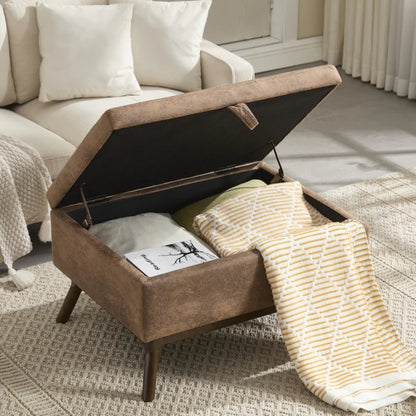 Mid-century modern square coffee table storage bench, assembled, suitable for living room, entryway and family room, used as a coffee table, stirrups, shoe bench-海智集-Default-