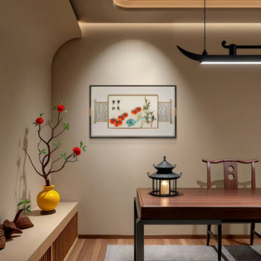 Calligraphy Embroidered Wall Art - New Chinese Style Silk Thread Work with Black Frame-海智集-