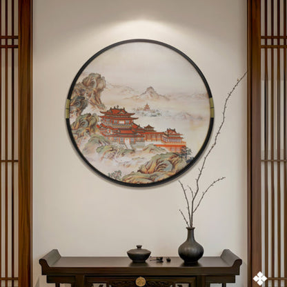 New Chinese Style Wall Art - Hand Painted Ink Landscape Canvas Painting with Wood Frame, Oriental Home Decor for Living Room/Bedroom/Office-海智集-