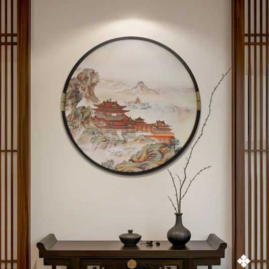 New Chinese Style Wall Art - Hand Painted Ink Landscape Canvas Painting with Wood Frame, Oriental Home Decor for Living Room/Bedroom/Office-海智集-