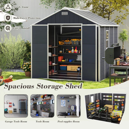 Campcraft 8*8ft resin storage shed, high quality pp material, strong structure, waterproof, rust and UV proof, large storage space, 12mm thick pp board, HD window lighting Dark gray-海智集-Default-