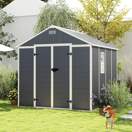 Campcraft 8*8ft resin storage shed, high quality pp material, strong structure, waterproof, rust and UV proof, large storage space, 12mm thick pp board, HD window lighting Dark gray-海智集-Default-