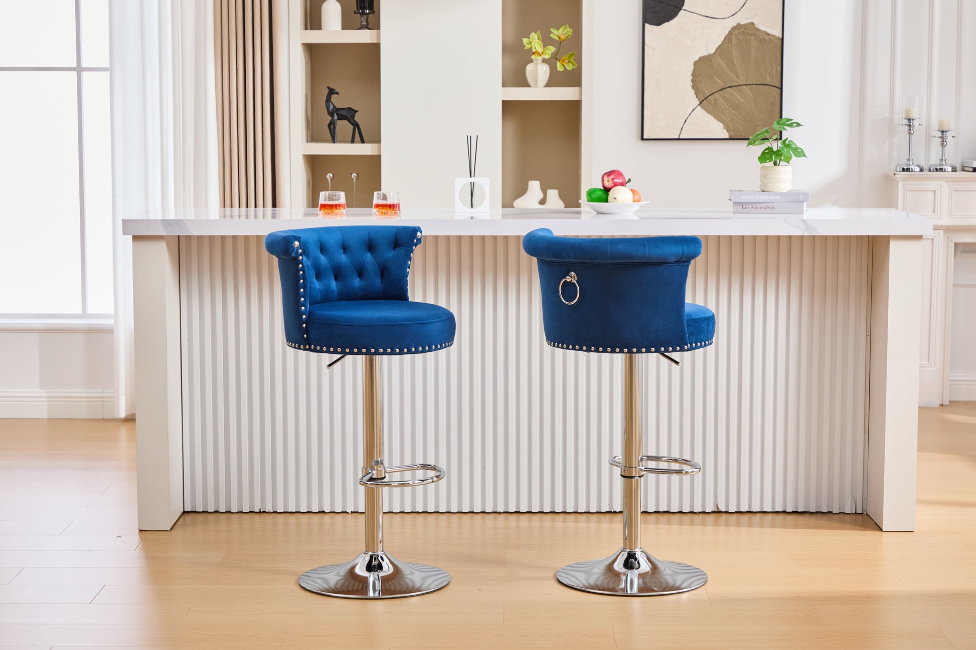 COOLMORE Velvet Bar Stool Set of 2, Adjustable Swivel Bar Stools with Silver Plated Metal Leg, Chrome Nailhead, Counter Height Chair for Kitchen,Dining Room-海智集-Default-