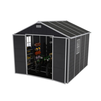 Campcraft 8*8ft resin storage shed, high quality pp material, strong structure, waterproof, rust and UV proof, large storage space, 12mm thick pp board, HD window lighting Dark gray-海智集-Default-