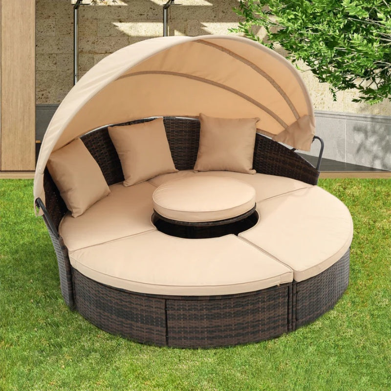 Hot Sale KD Rattan Round Lounge With Canopy Bali Canopy Bed Outdoor, Wicker Outdoor Sofa Bed with lift coffee table-海智集-Default-