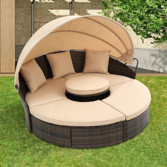 Hot Sale KD Rattan Round Lounge With Canopy Bali Canopy Bed Outdoor, Wicker Outdoor Sofa Bed with lift coffee table-海智集-Default-