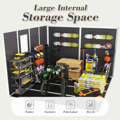 Campcraft 8*8ft resin storage shed, high quality pp material, strong structure, waterproof, rust and UV proof, large storage space, 12mm thick pp board, HD window lighting Dark gray-海智集-Default-