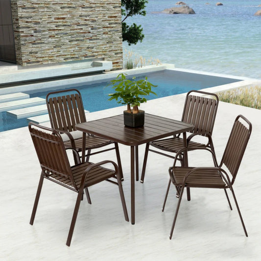 5-Piece Plastic chair and steel table Outdoor Dining Set, plastic Chairs and Table Set for Garden Patio, Brown-海智集-Default-