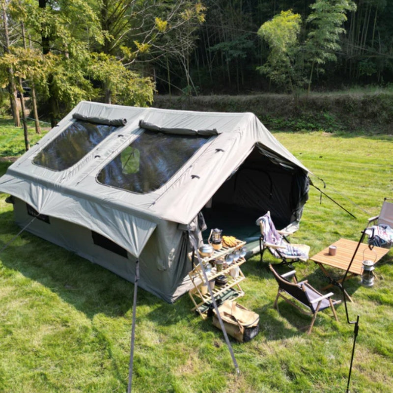 9.8 x13ft Inflatable Camping Tents with Hand Pump, Air Glamping Tents, Easy Setup Waterproof and Windproof Blow up Tent, 4 Seasons Oxford Cabin Tent with Mesh & Chimney Window. Army green-海智集-Default-