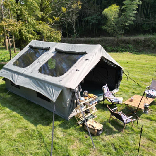 9.8 x13ft Inflatable Camping Tents with Hand Pump, Air Glamping Tents, Easy Setup Waterproof and Windproof Blow up Tent, 4 Seasons Oxford Cabin Tent with Mesh & Chimney Window. Army green-海智集-Default-