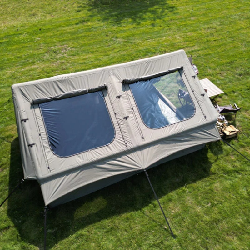 9.8 x13ft Inflatable Camping Tents with Hand Pump, Air Glamping Tents, Easy Setup Waterproof and Windproof Blow up Tent, 4 Seasons Oxford Cabin Tent with Mesh & Chimney Window. Army green-海智集-Default-