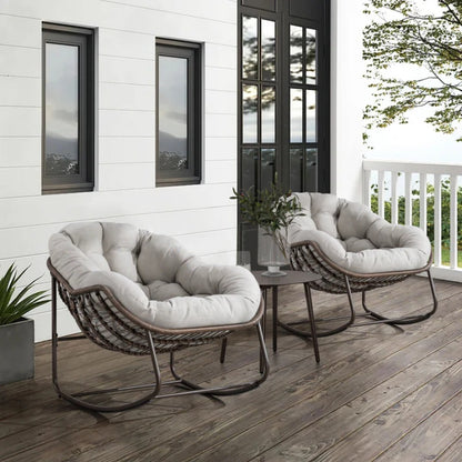Outdoor Rattan Rocking Chair,Padded Cushion Rocker Recliner Chair Outdoor for Front Porch, Living Room, Patio, Garden, Beige-海智集-Default-