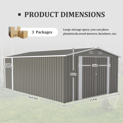 Campcraft Outdoor Storage Shed 10×14 FT with 3 Lockable Doors,Utility Tool Shed Metal Storage Garden Sheds Frame and 4 Vents,for Backyard,Patio,Lawn,Light Grey-海智集-Default-