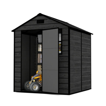 Campcraft 6*6ft resin storage shed, high quality pp material, strong structure, waterproof, rust and UV proof, large storage space, 12mm thick pp board, HD window lighting Black wood grain color-海智集-Default-