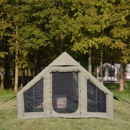9.8 x13ft Inflatable Camping Tents with Hand Pump, Air Glamping Tents, Easy Setup Waterproof and Windproof Blow up Tent, 4 Seasons Oxford Cabin Tent with Mesh & Chimney Window. Army green-海智集-Default-