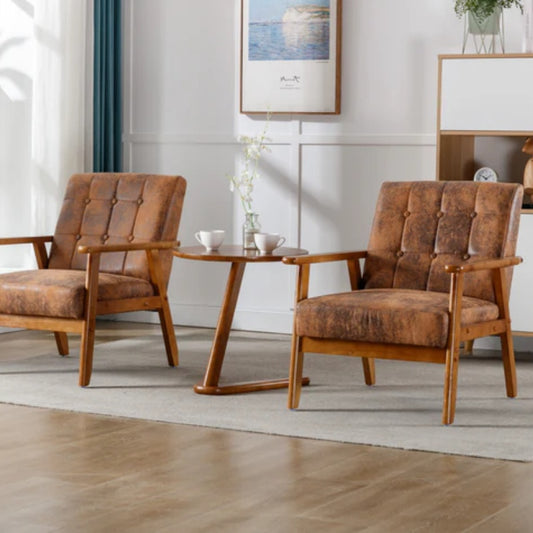 Accent Chairs Set of 2 with Side Table, Mid Century Modern Accent Chair, Wood and Fabric Armchairs Side Chair, Lounge Reading Comfy Arm Chair for Living Room, Bedroom, Office-海智集-Default-