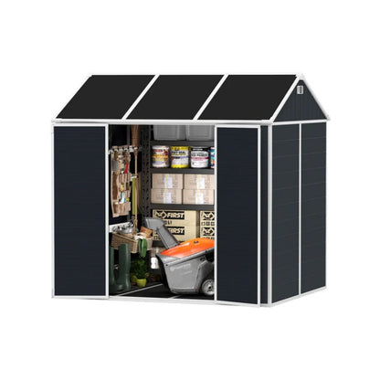 8*7ft Outdoor Storage Shed, Outdoor Resin Shed with Two-Window and Double-Door, Plastic Shed with Floor for Garden, Patio, Yard, Lawn (Dark Gray)-海智集-Default-
