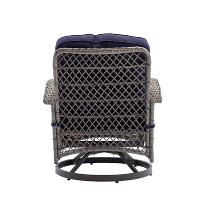 3 Pieces Outdoor Swivel Rocker Patio Chairs, 360 Degree Rocking Patio Conversation Set with Thickened Cushions and Glass Coffee Table for Backyard, Navy blue-海智集-Default-