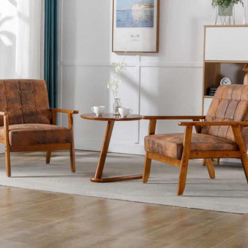 Accent Chairs Set of 2 with Side Table, Mid Century Modern Accent Chair, Wood and Fabric Armchairs Side Chair, Lounge Reading Comfy Arm Chair for Living Room, Bedroom, Office-海智集-Default-