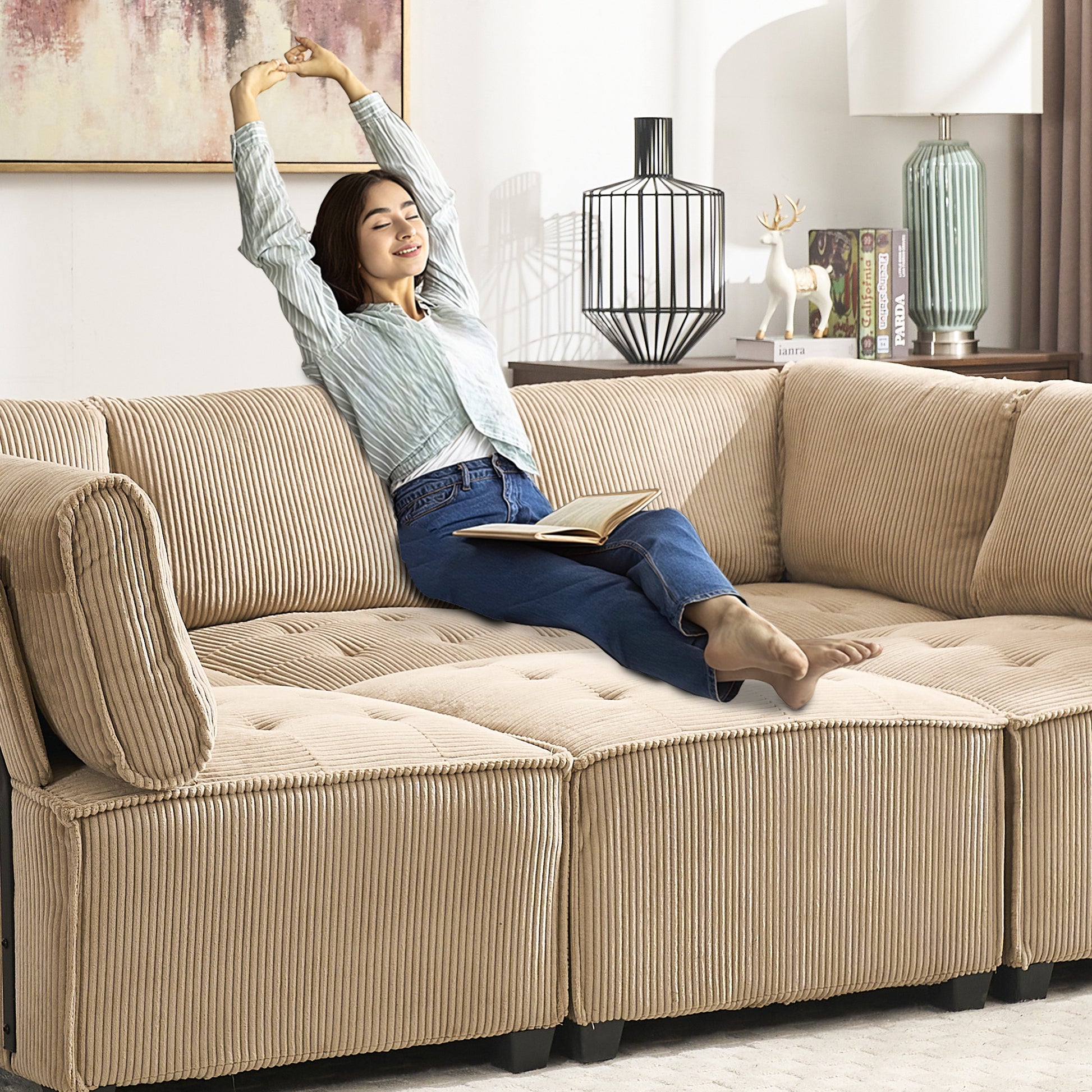 UNITED WE WIN Modular Sectional Sofa U Shaped Modular Couch with Reversible Chaise Modular Sofa Sectional Couch,6- Seat Convertible Sofa,Fit for Living Room-海智集-Default-