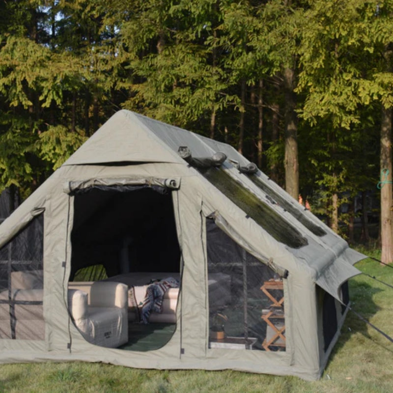 9.8 x13ft Inflatable Camping Tents with Hand Pump, Air Glamping Tents, Easy Setup Waterproof and Windproof Blow up Tent, 4 Seasons Oxford Cabin Tent with Mesh & Chimney Window. Army green-海智集-Default-