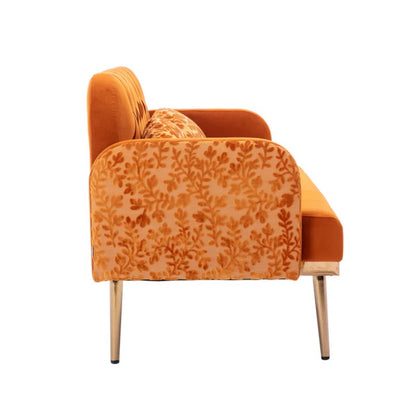 COOLMORE Modern Velvet Loveseat Sofa , Comfy Upholstered 2-Seater Sofa with Gold Metal Legs, Small Loveseat Accent Couch for Living Bedroom Leisure Areas (Orange Velvet)-海智集-Default-