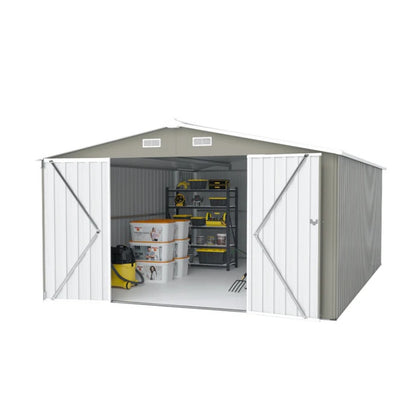 Campcraft Outdoor Storage Shed 10×14 FT with 3 Lockable Doors,Utility Tool Shed Metal Storage Garden Sheds Frame and 4 Vents,for Backyard,Patio,Lawn,Light Grey-海智集-Default-