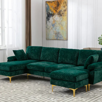 COOLMORE U-shape sectional sofa with Ottoman , Reversible Sofa Couch for Living Room,Spacious Furniture,Durable Couch Removable and machine washable cover (Emerald Velvet)-海智集-Default-