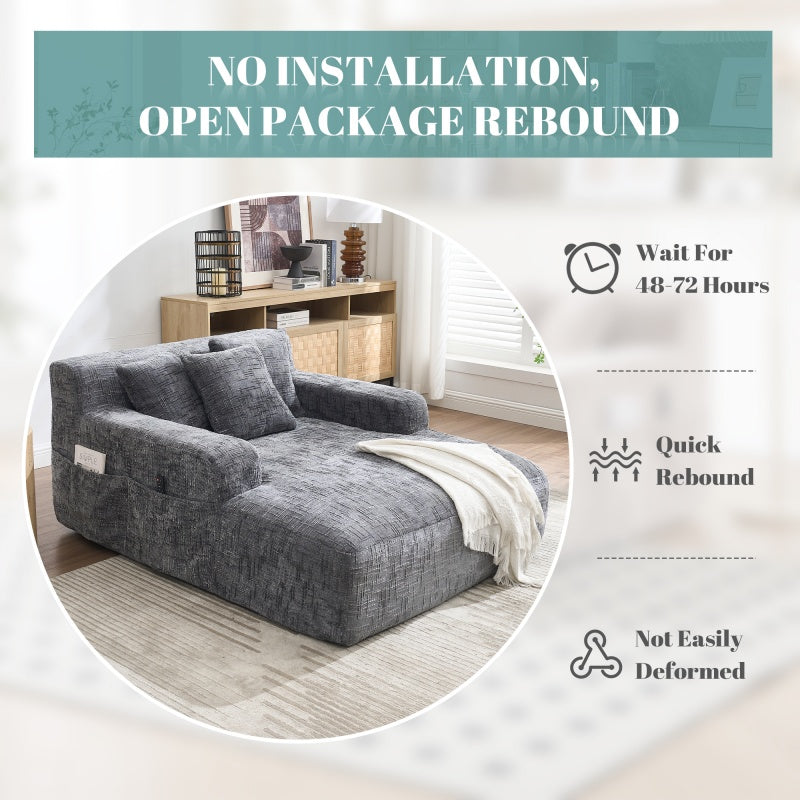 Chenille Interior Lazy Sofa Chaise Longue Armchair with Three Pillows and Armrests in Grey-海智集-Default-