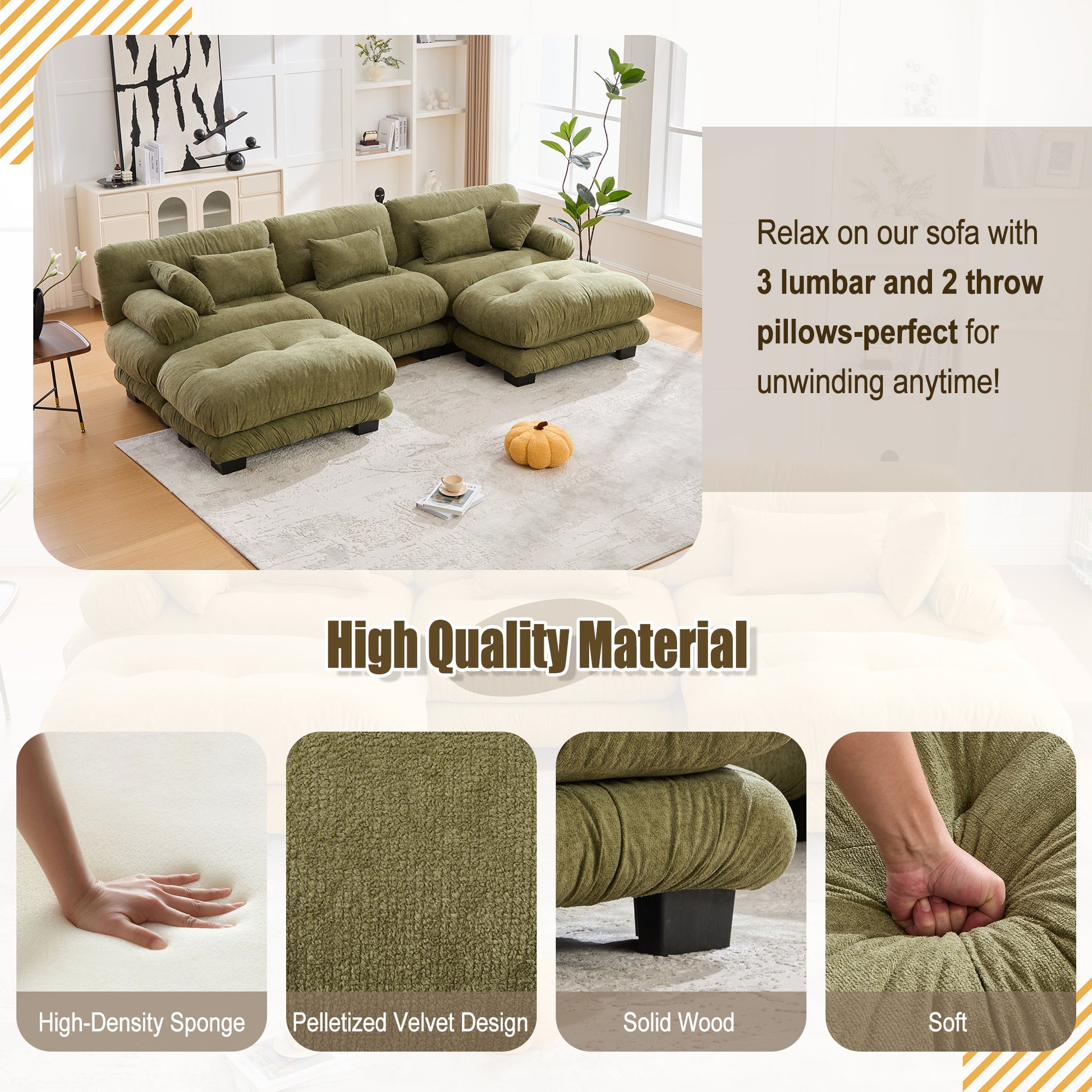 UNITED WE WIN Pelletized velvet U Shape Cloud Couch with 2 Ottomans,Free Combined 3 Seater Comfy Sofa with Bolster Armrest Pillows, sofa for Living Room-海智集-Default-