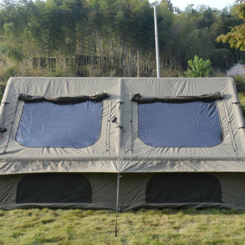 9.8 x13ft Inflatable Camping Tents with Hand Pump, Air Glamping Tents, Easy Setup Waterproof and Windproof Blow up Tent, 4 Seasons Oxford Cabin Tent with Mesh & Chimney Window. Army green-海智集-Default-