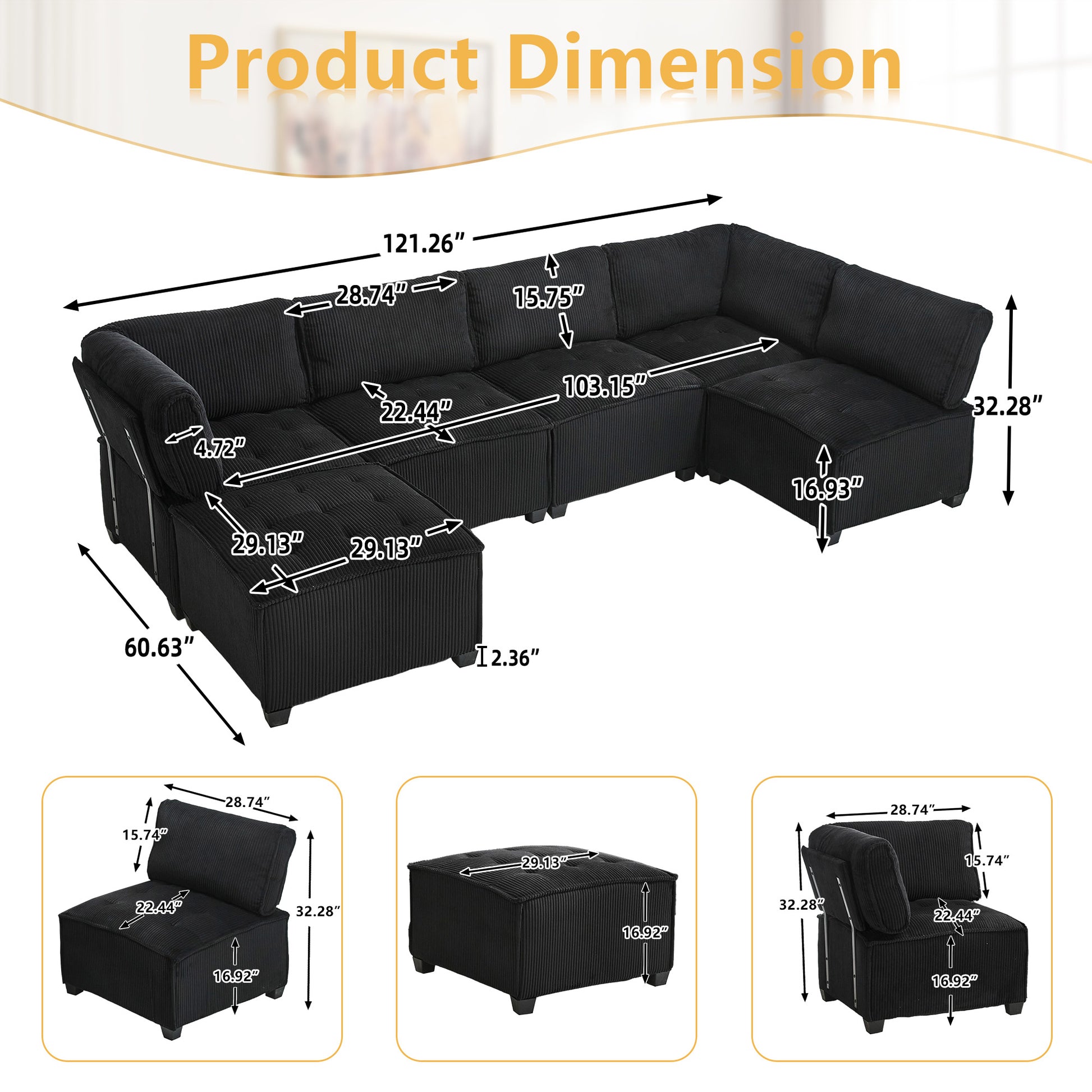 UNITED WE WIN Modular Sectional Sofa U Shaped Modular Couch with Reversible Chaise Modular Sofa Sectional Couch,6- Seat Convertible Sofa,Fit for Living Room-海智集-Default-