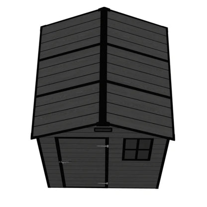 Campcraft 6*6ft resin storage shed, high quality pp material, strong structure, waterproof, rust and UV proof, large storage space, 12mm thick pp board, HD window lighting Black wood grain color-海智集-Default-