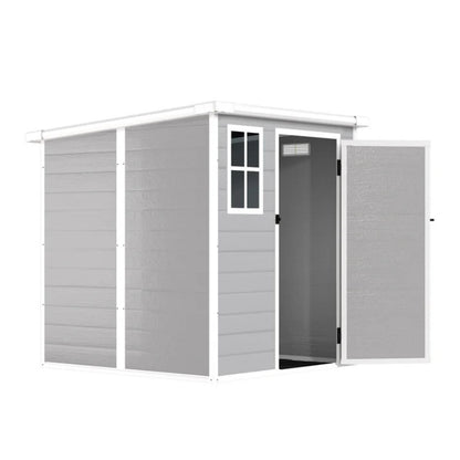 6x6 FT Storage Shed, Waterproof Resin Outdoor Storage Shed with Floor & Window & Lockable Doors and Vents, Tool Shed for Bike, Garden, Backyard,Lawn, All Weather Use, Light Grey-海智集-Default-
