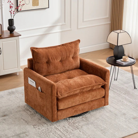 UNITED WE WIN Swivel Barrel Chair - Mid Century Modern Chair, Thick Padded Arm Chair with Solid Metal Base, Comfortable Single Sofa Chair, Swivel Accent Chair for Living Room Bedroom-海智集-Default-