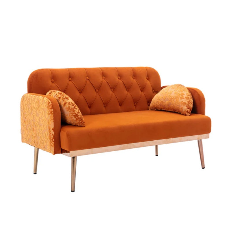 COOLMORE Modern Velvet Loveseat Sofa , Comfy Upholstered 2-Seater Sofa with Gold Metal Legs, Small Loveseat Accent Couch for Living Bedroom Leisure Areas (Orange Velvet)-海智集-Default-