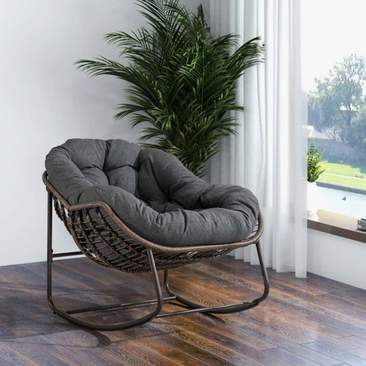 Outdoor Rattan Rocking Chair,Padded Cushion Rocker Recliner Chair Outdoor for Front Porch, Living Room, Patio, Garden, Grey-海智集-Default-
