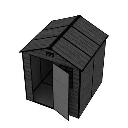 Campcraft 6*6ft resin storage shed, high quality pp material, strong structure, waterproof, rust and UV proof, large storage space, 12mm thick pp board, HD window lighting Black wood grain color-海智集-Default-