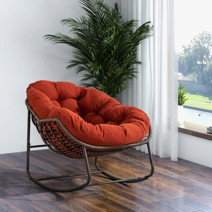 Outdoor Rattan Rocking Chair,Padded Cushion Rocker Recliner Chair Outdoor for Front Porch, Living Room, Patio, Garden, Orange-海智集-Default-