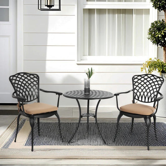 3 Piece Patio Bistro Set Cast Aluminum Bistro Table and Chairs Set of 2 with Umbrella Hole,All Weather Metal Bistro Table Set,Outdoor Patio Furniture Set for Garden Black with cushion-海智集-Default-