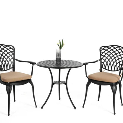 3 Piece Patio Bistro Set Cast Aluminum Bistro Table and Chairs Set of 2 with Umbrella Hole,All Weather Metal Bistro Table Set,Outdoor Patio Furniture Set for Garden Black with cushion-海智集-Default-