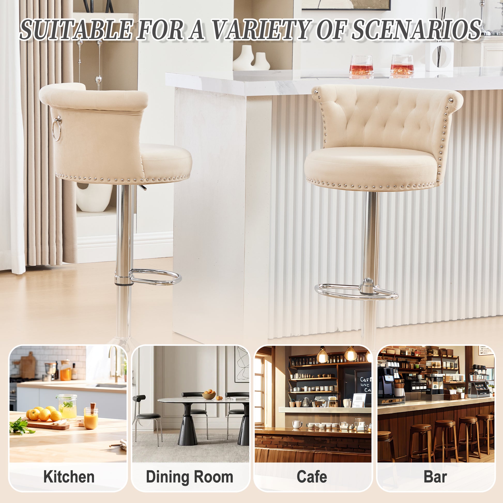 COOLMORE Velvet Bar Stool Set of 2, Adjustable Swivel Bar Stools with Silver Plated Metal Leg, Chrome Nailhead, Counter Height Chair for Kitchen,Dining Room-海智集-Default-