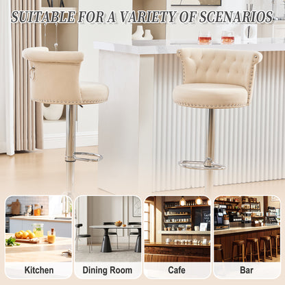 COOLMORE Velvet Bar Stool Set of 2, Adjustable Swivel Bar Stools with Silver Plated Metal Leg, Chrome Nailhead, Counter Height Chair for Kitchen,Dining Room-海智集-Default-