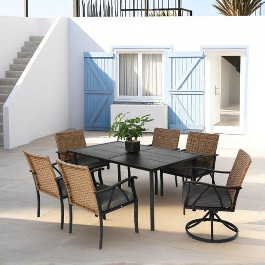 7 Piece Patio Dining Set ,Outdoor Wicker Furniture Set for Backyard Garden Deck Poolside with 2 Cushions Swivel Rocker Chairs,4 Cushions chairs,Table Top, Removable Cushions-海智集-Default-