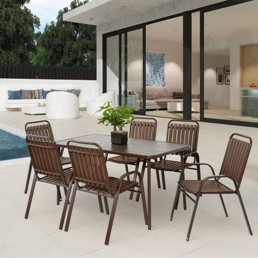 7 Pieces Patio Dining Set, Plastic chair and steel table Outdoor Set, plastic Chairs and Table Set for Garden Patio, Brown-海智集-Default-