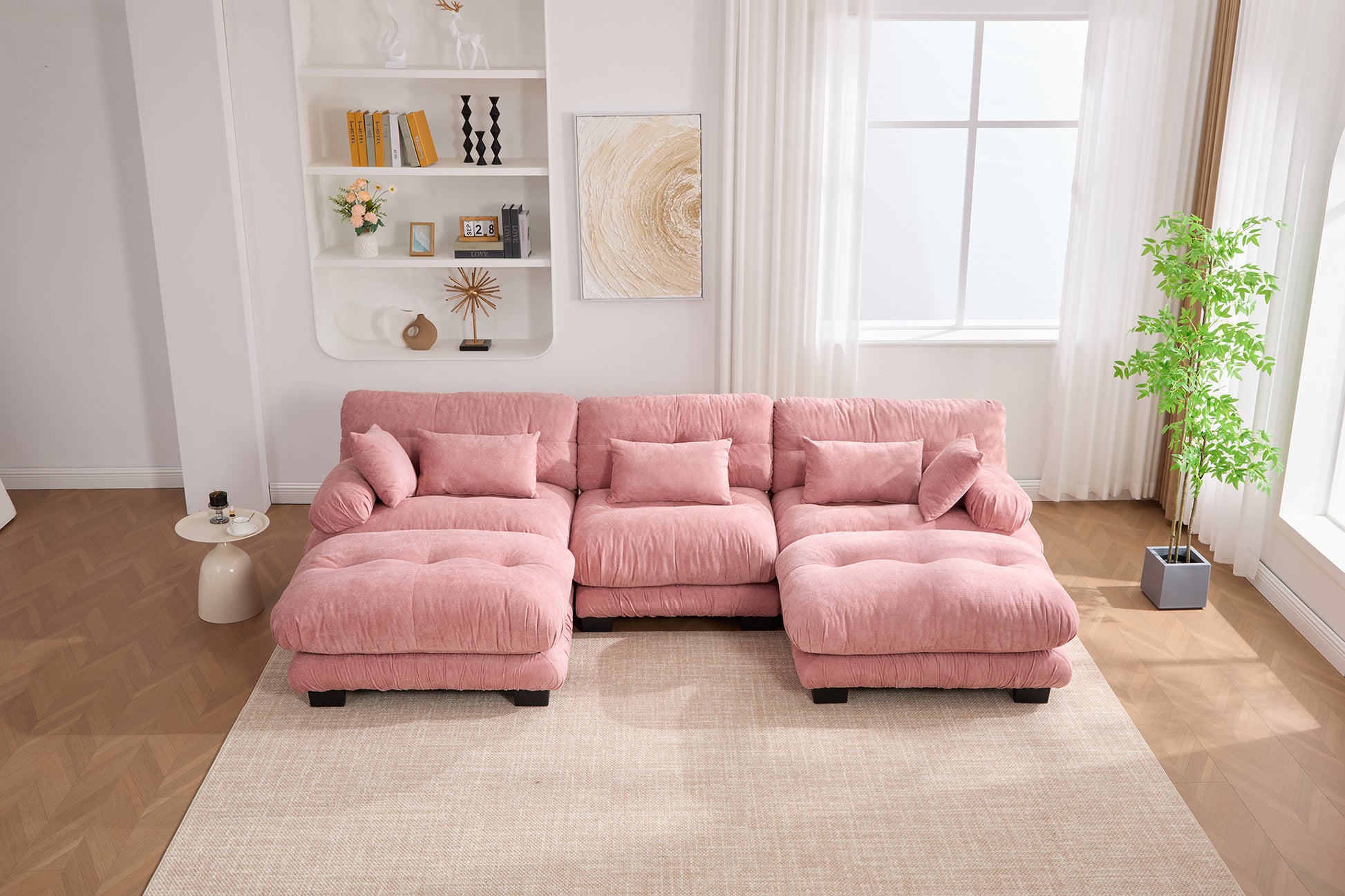 UNITED WE WIN Pelletized velvet U Shape Cloud Couch with 2 Ottomans,Free Combined 3 Seater Comfy Sofa with Bolster Armrest Pillows, sofa for Living Room-海智集-Default-